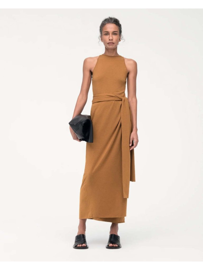 New Another Tomorrow Sarong Tie Dress Sz S Midi-Length Gold Tapenade Wrap Cotton